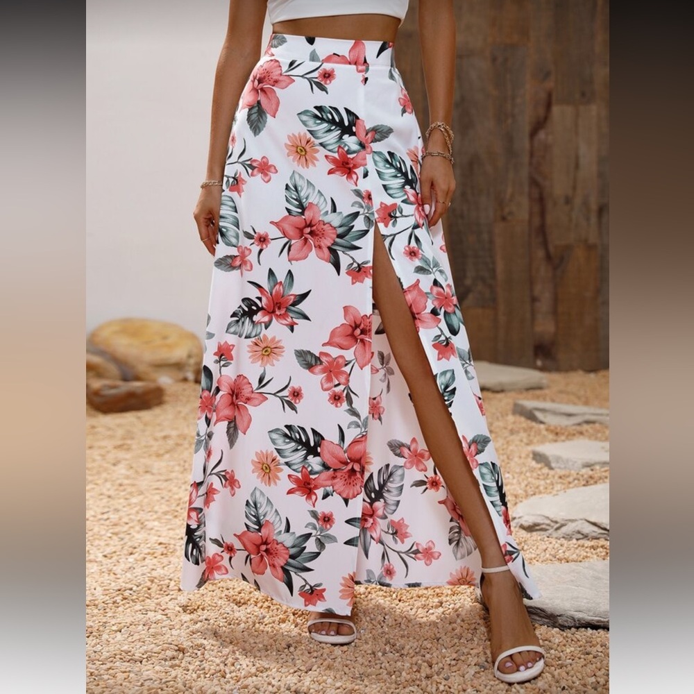 Floral Print Split Hem Maxi Skirt - Pink and White